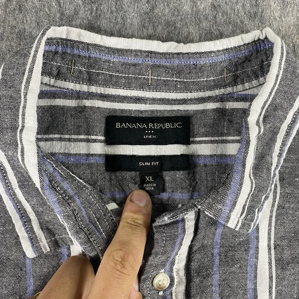 Banana Republic Linen Shirt Men's XL Slim‎ Striped Short Sleeve Gray Blue Summer